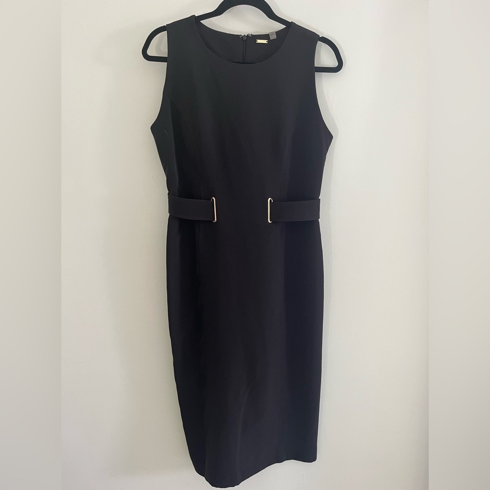 Tahari Elegant Black Midi Dress with Belt Details